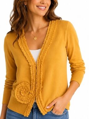 Sparrow Button Front Cardigan Sweater Ruffle Yellow Cotton Knit XS